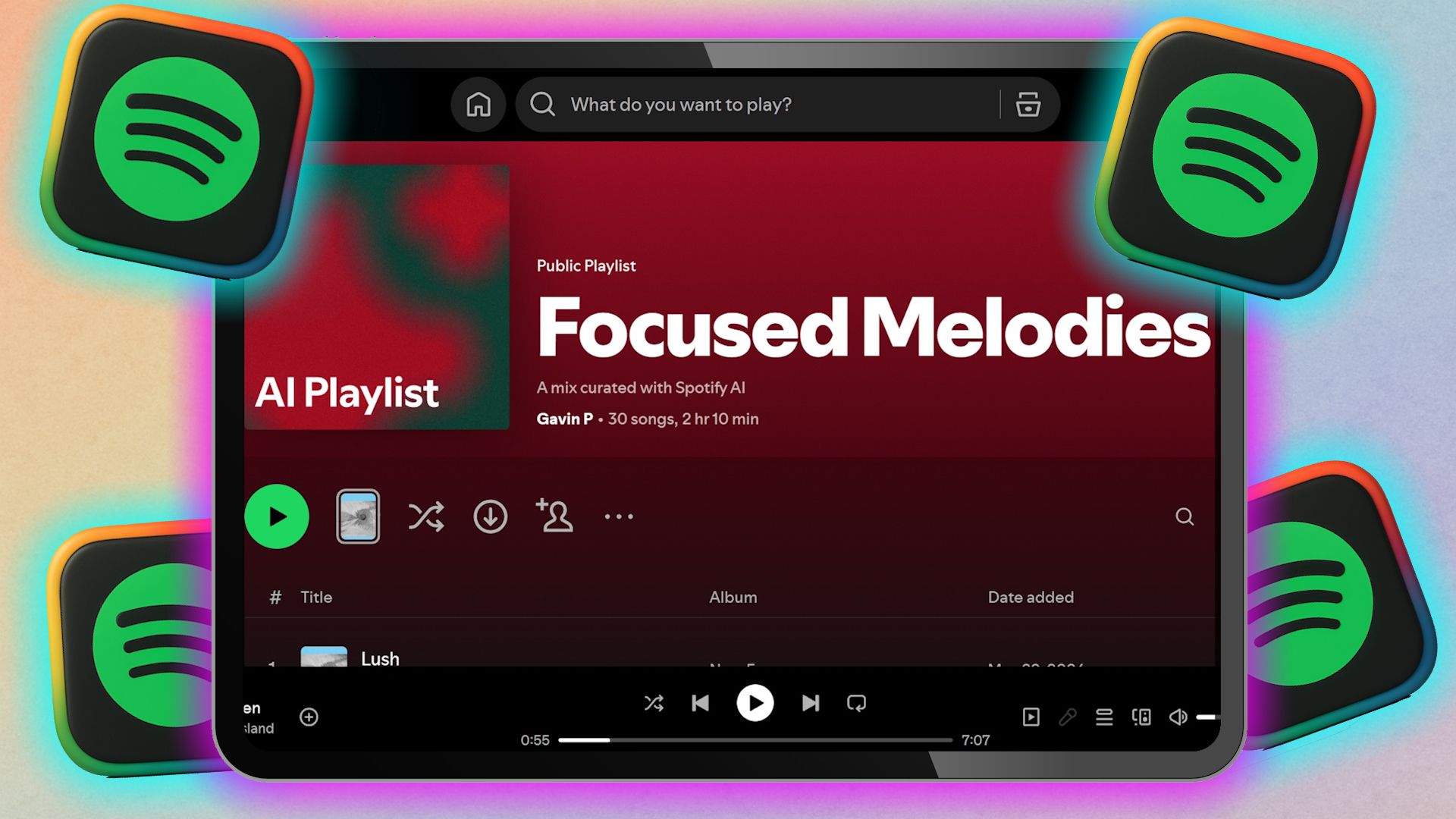 Nabídka Spotify s umělou inteligencí na obrazovce tabletu s logami Spotify.