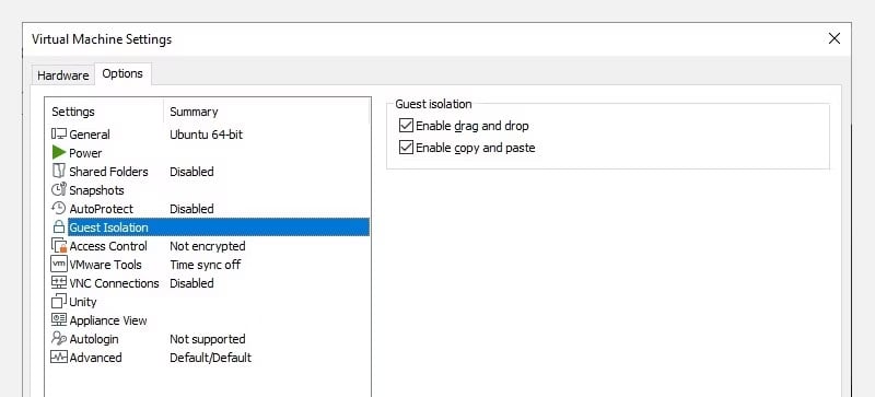 Vysvětlení |  Přenos souborů 4 |  Možnosti přetažení VMware Workstation Pro