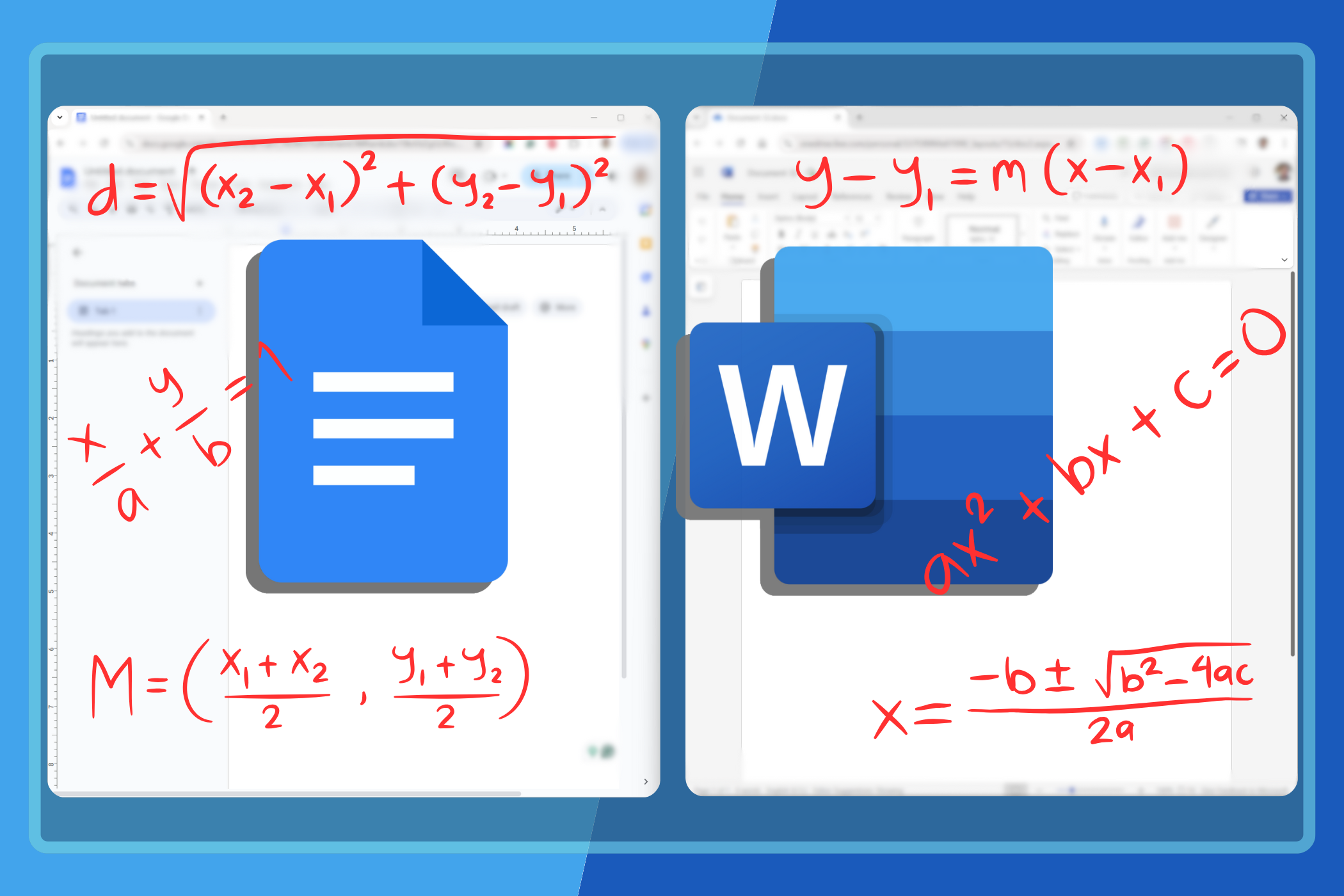 Word -Window vedle okna Google Docs s jeho slogany a srovnáními.