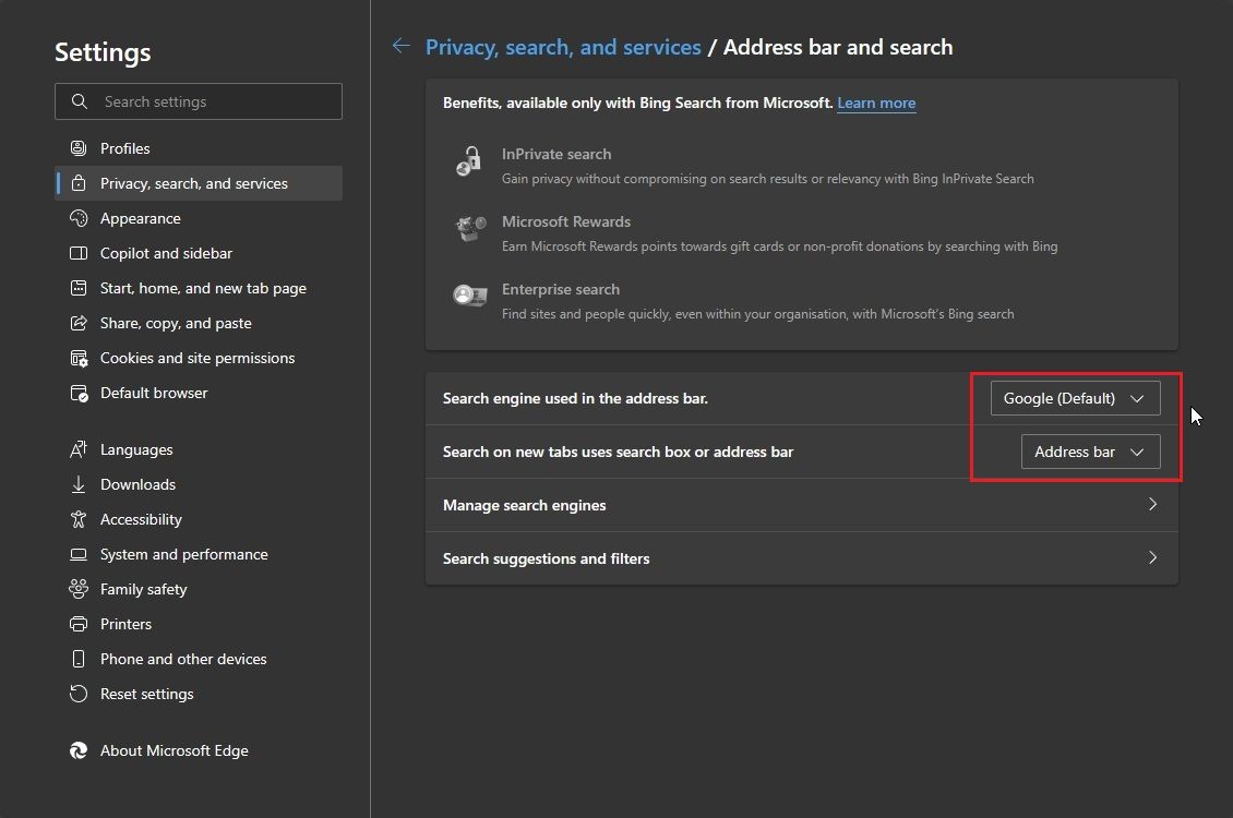 Změňte standardní vyhledávač na Microsoft Edge