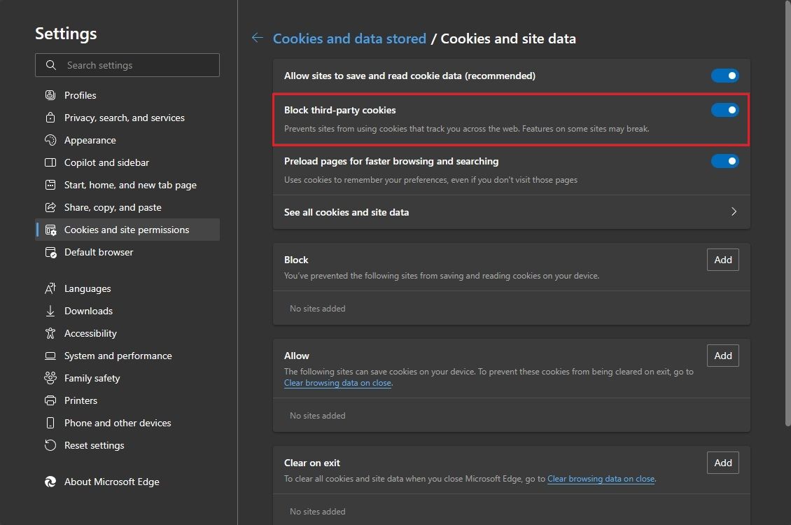 Blokujte cookies třetích stran v Microsoft Edge