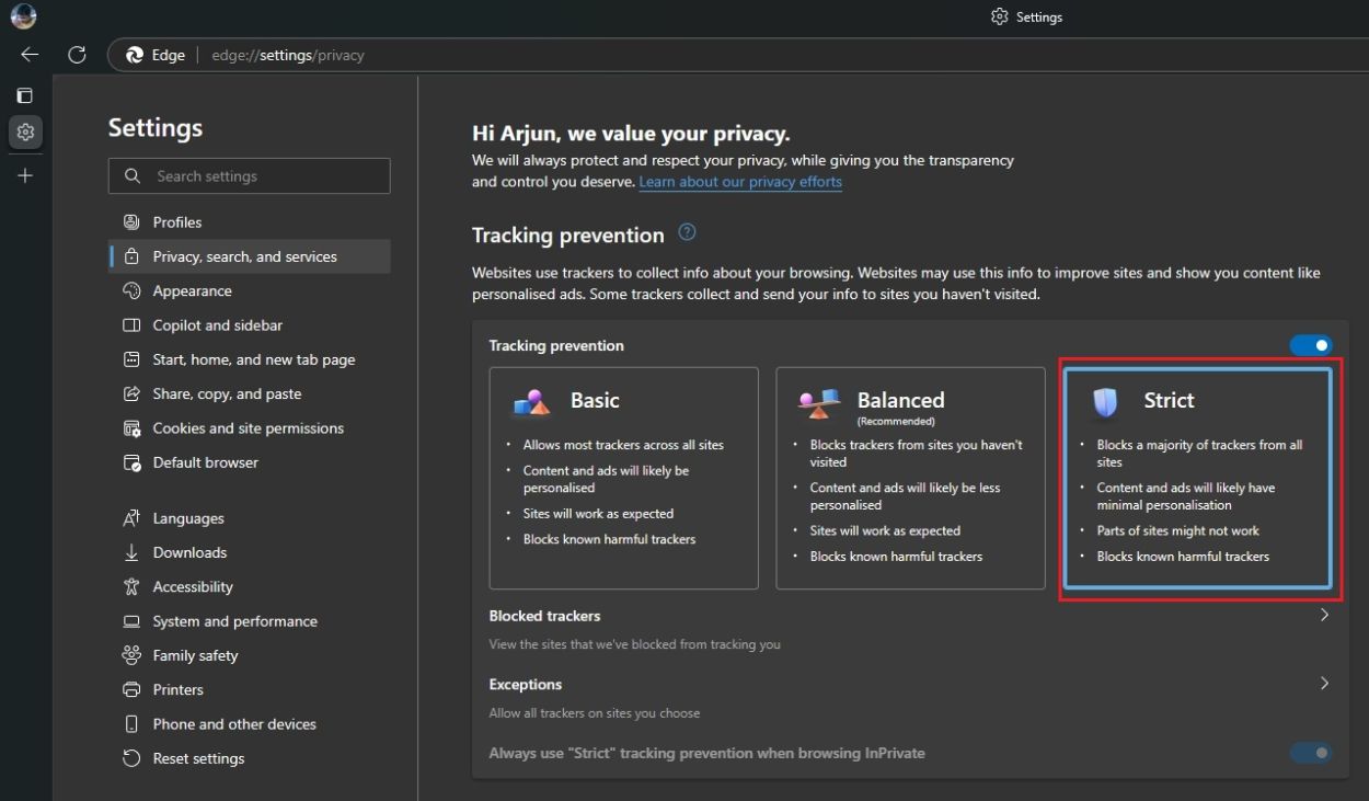 Zavolejte přísné sledování na Microsoft Edge