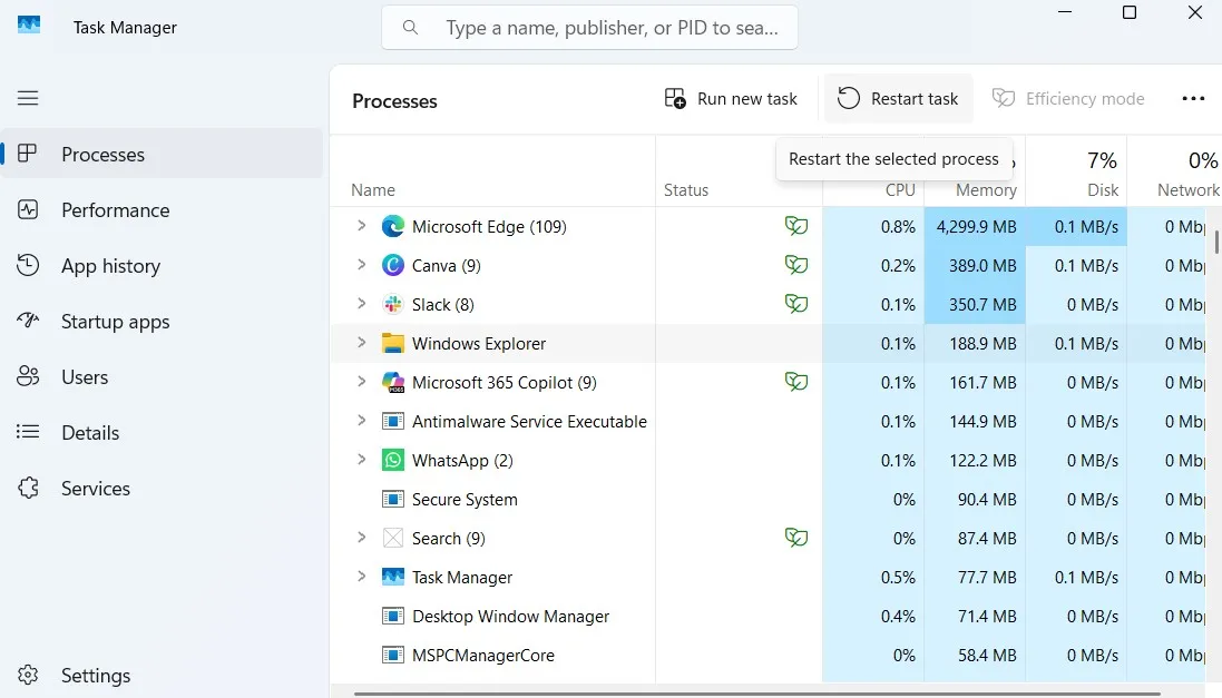 Restartujte průzkumník Windows ve správě úloh
