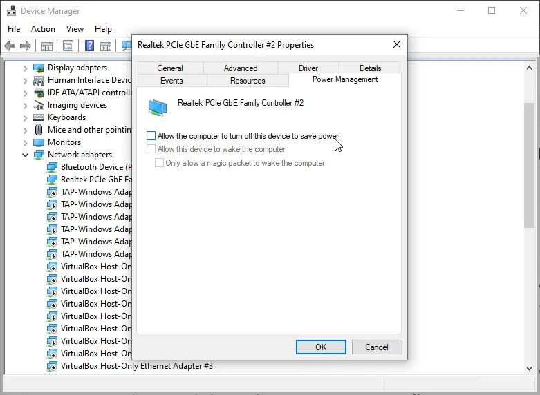 Možnosti síťového adaptéru správce zařízení Windows 10