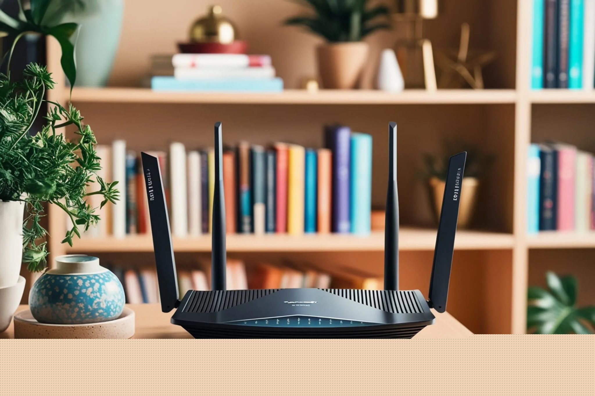 Falešný router se čtyřmi anténami umístěnými na stole pro polici