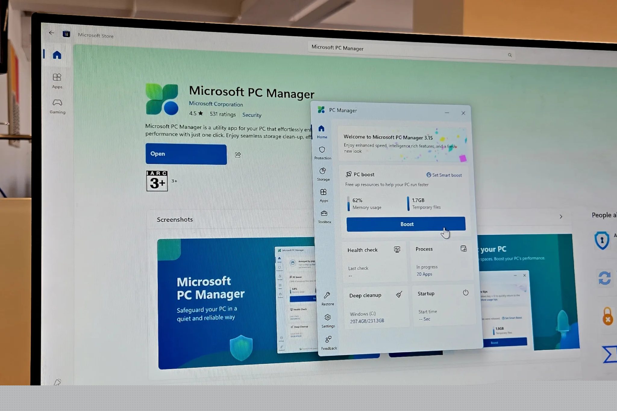 Aplikace Microsoft PC Manager se otevře na monitoru Benq