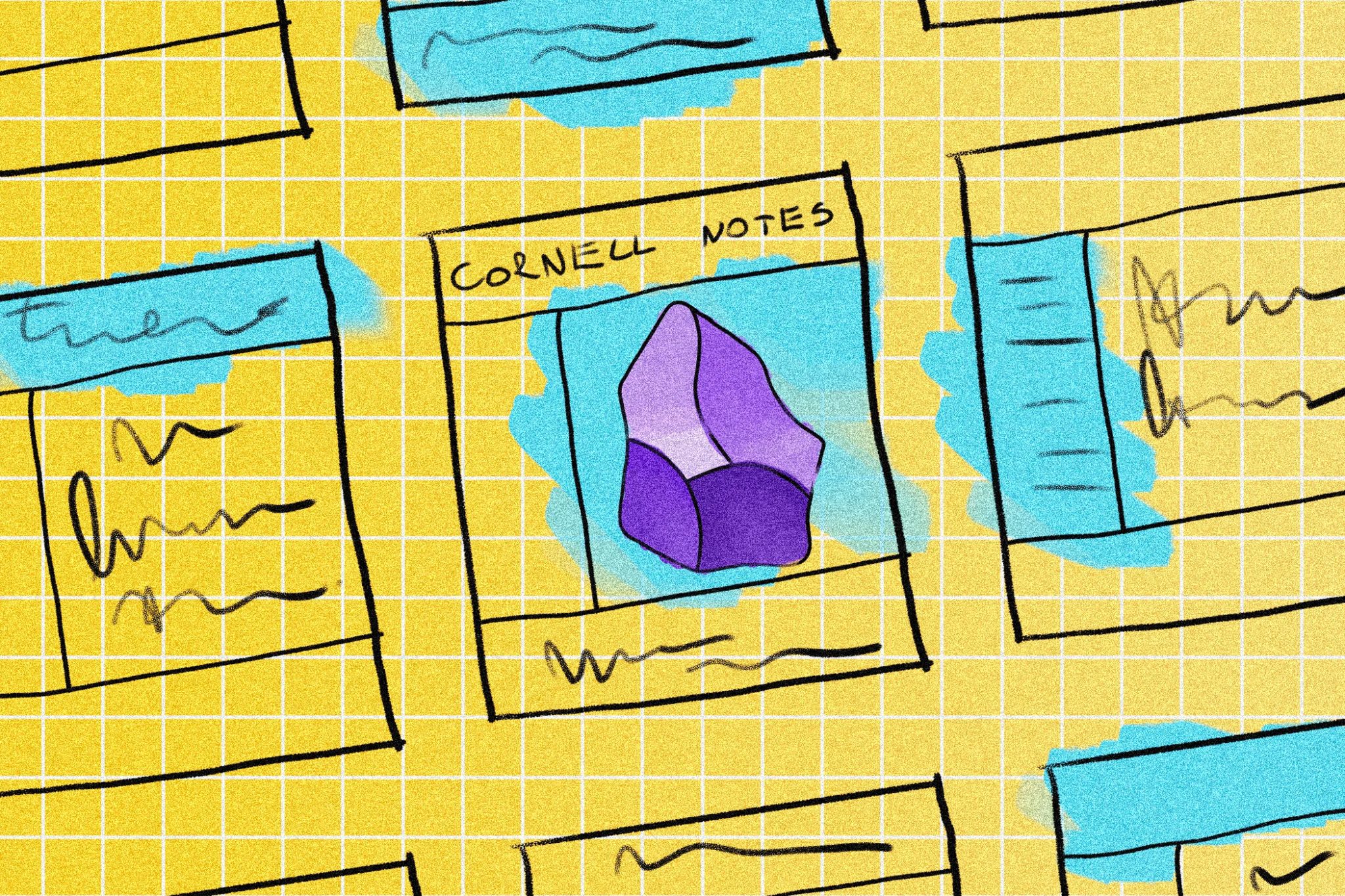 Objasněte papír, některé z Cornell Poznámky a obsidiánské logo.