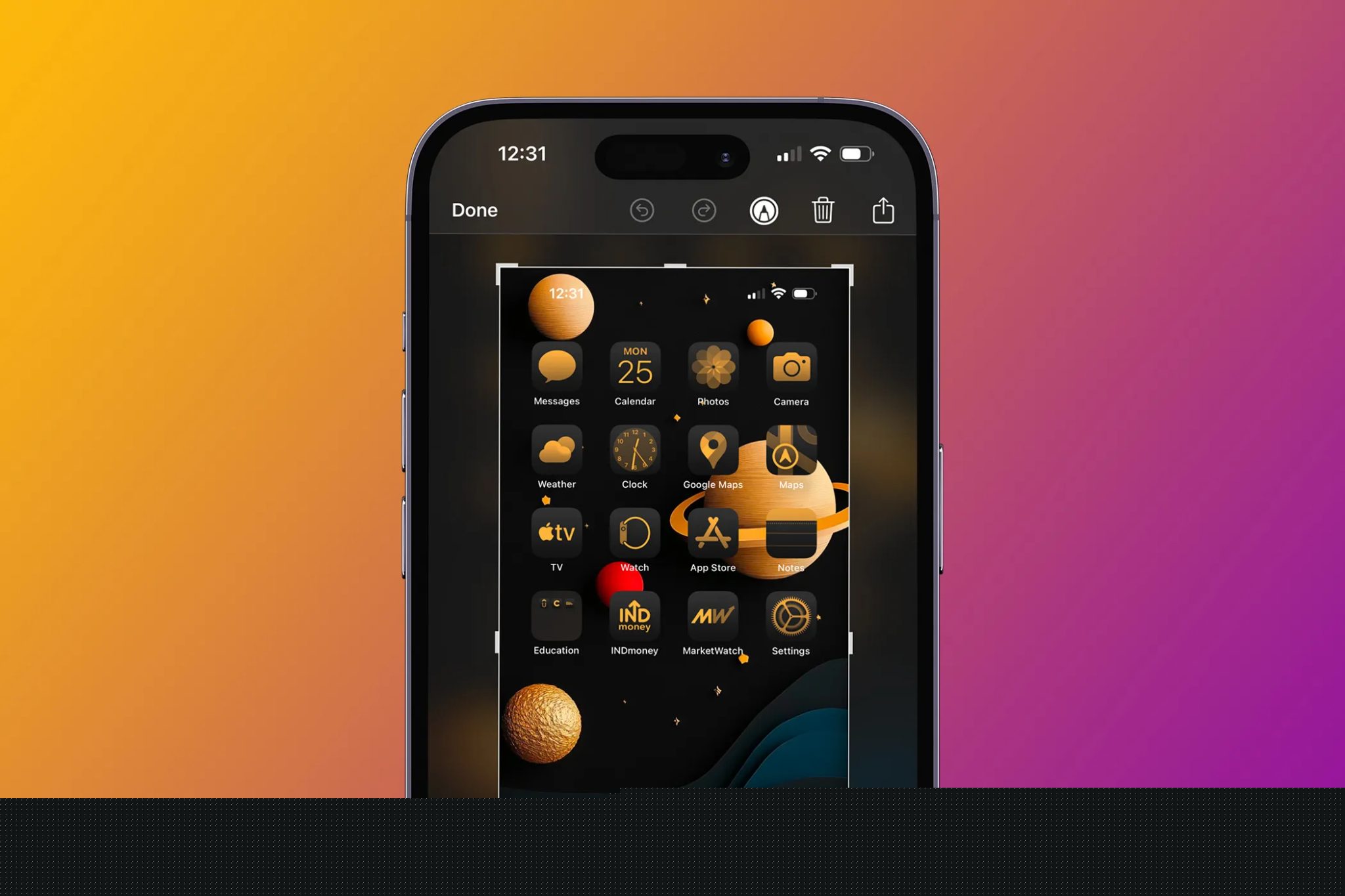 IPhone 14 Pro s obrazovkovým snímkem -markukup -tool v iOS s gradientem