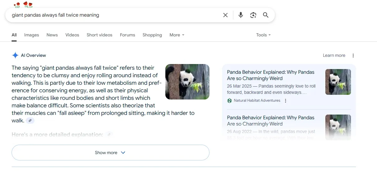 Příklad gigantických panda zvířat z umělé inteligence halucinace vždy padá. '