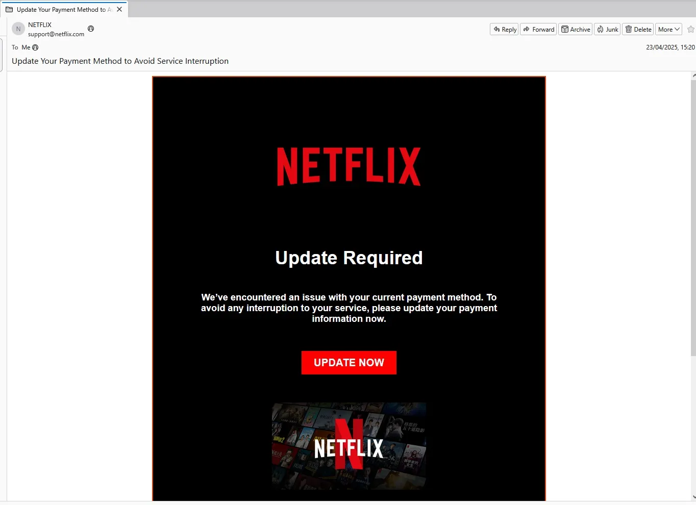 Příklad e -mail -yacht na Netflixu.