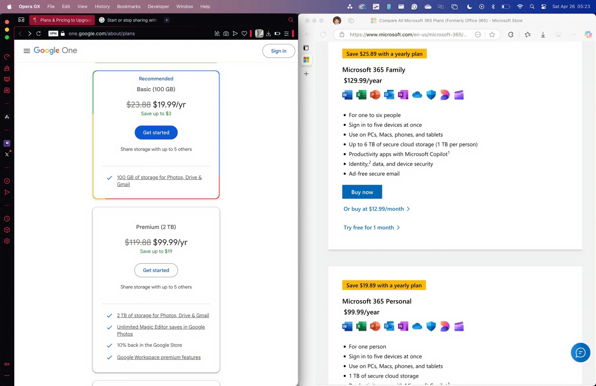 Porovnání vzorků Google One a Microsoft 365
