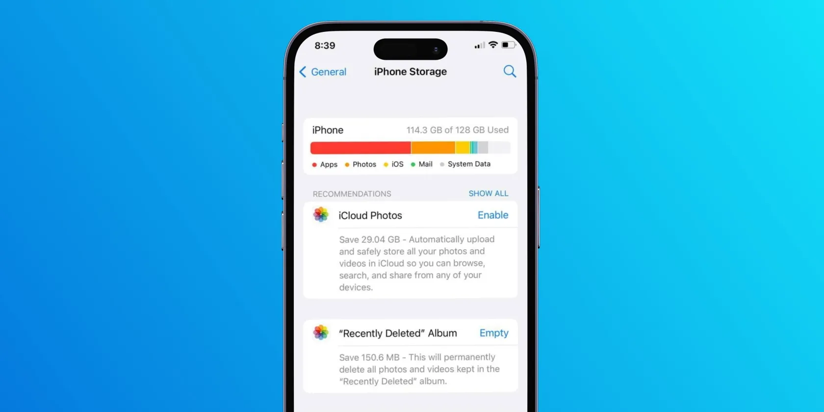 iPhone -Menu s nastavením úložiště