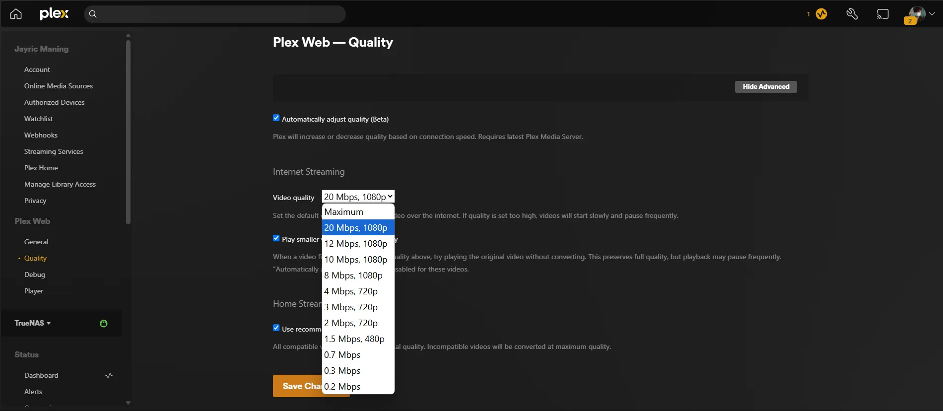Změňte kvalitu vysílání na mém mediálním serveru PLEX