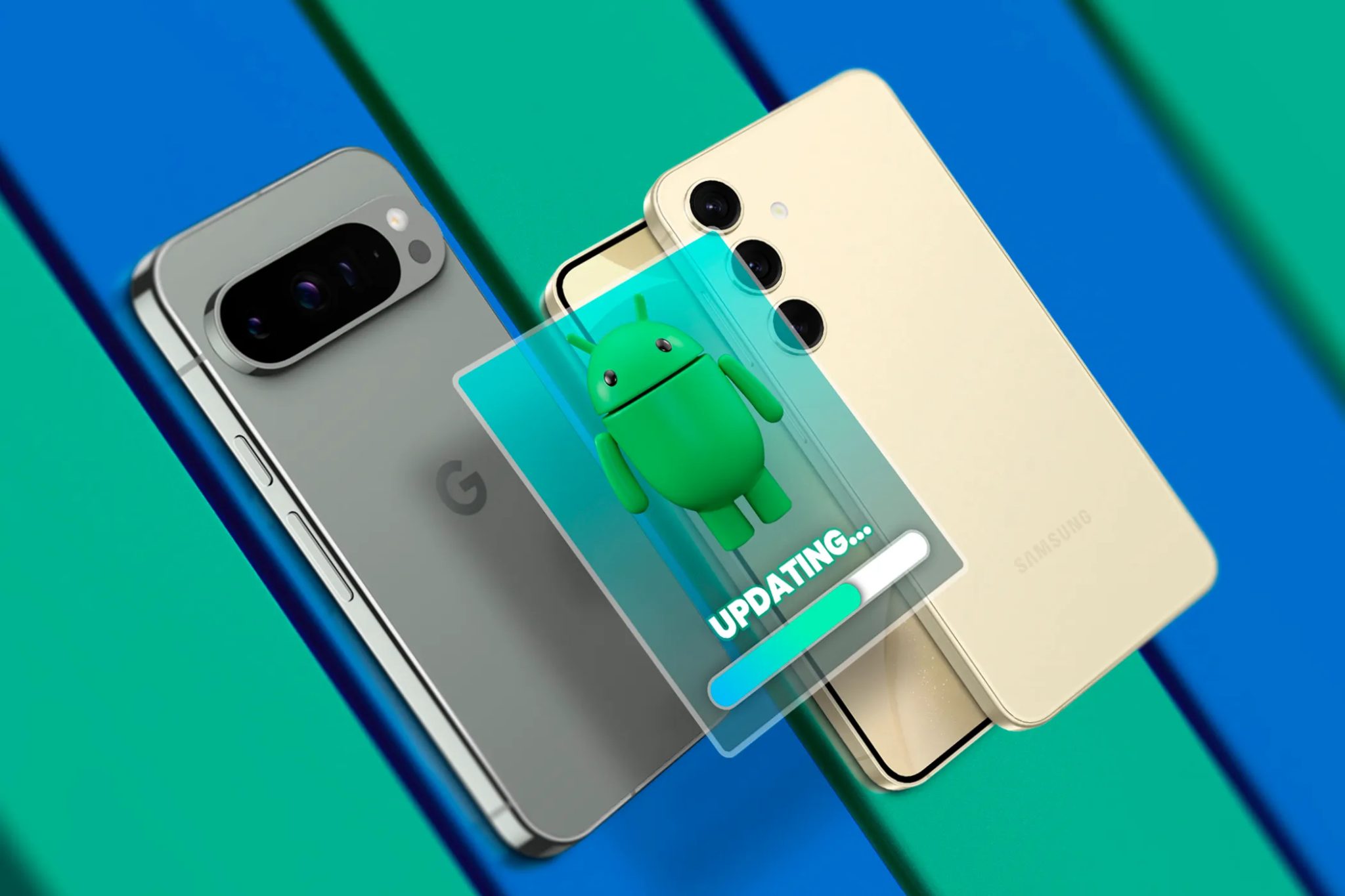 Google Pixel vedle telefonu Samsung Galaxy s fotografií pro aktualizaci Android nad dvěma zařízeními.