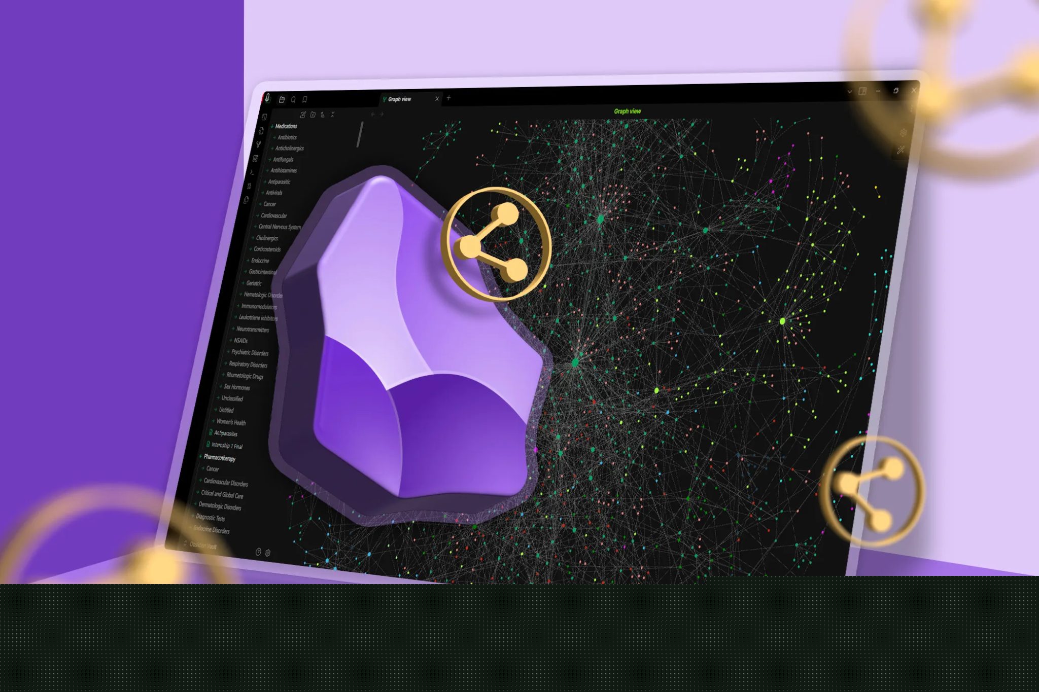 Obsidianův mapa displej s obsidiánským logem a sdílením ikony.