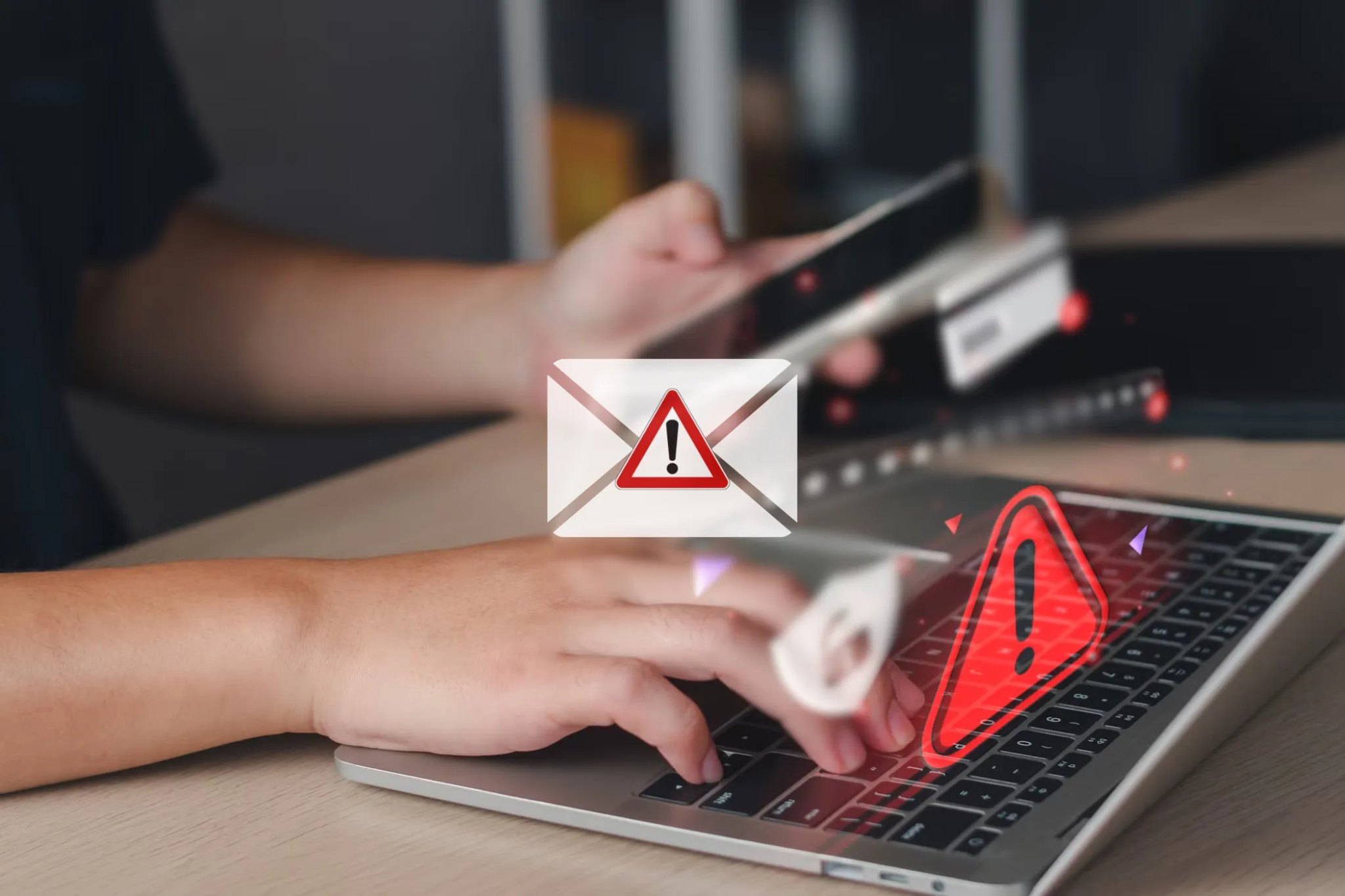 Phishing E -Mail ikona s osobou, která na pozadí používá notebook a telefon 
