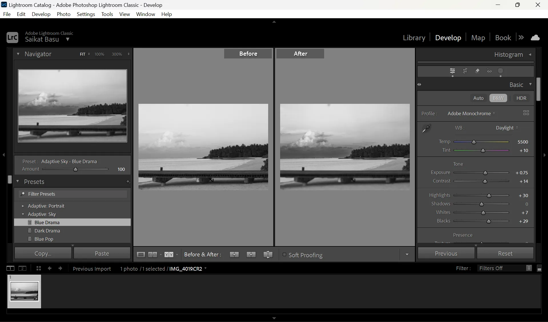Po aplikaci filtrů před a po zobrazení fotografie v Lightroom