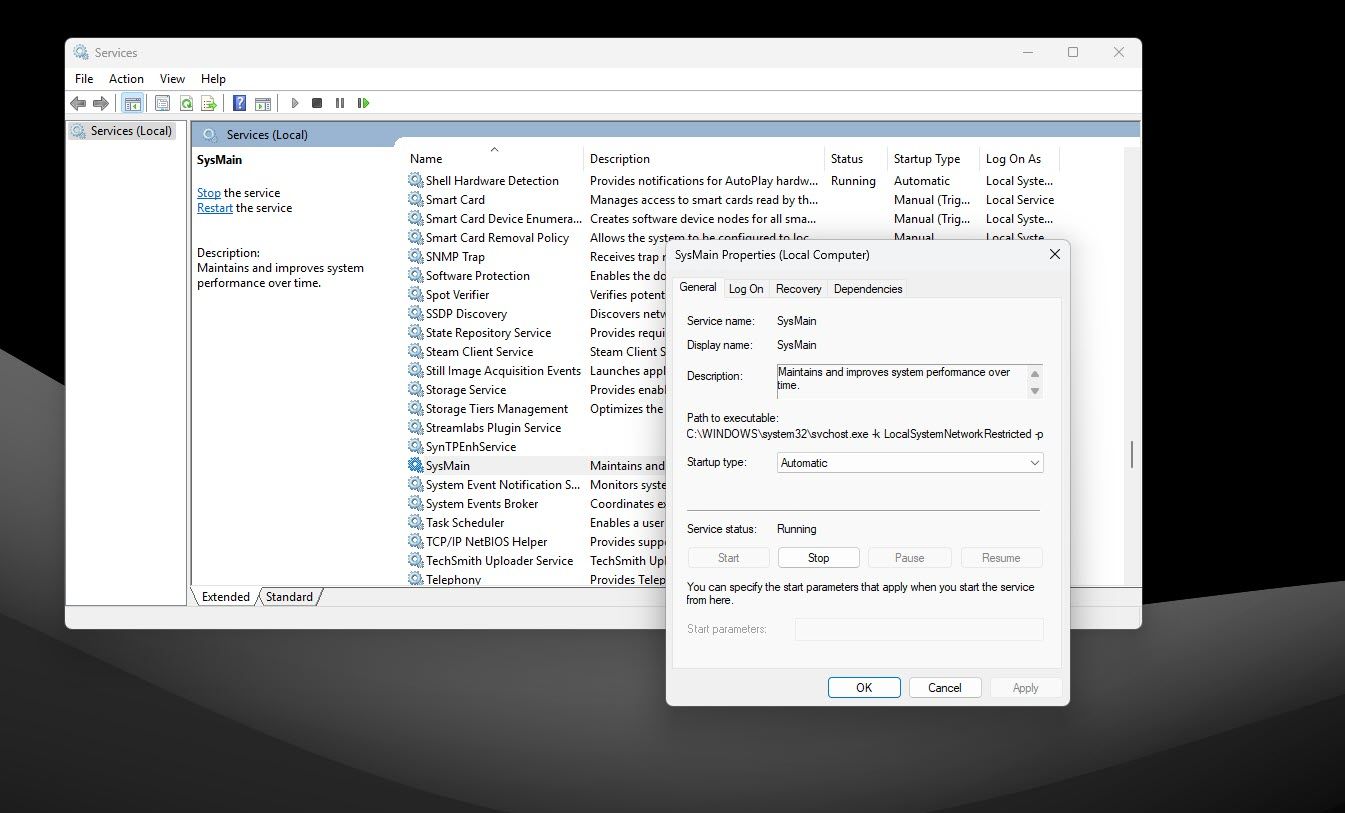 Sysmain -Service se otevřel ve Windows Services