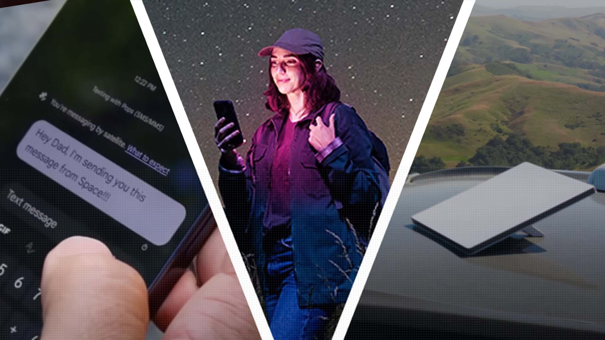Muž, který zadá zprávu do telefonu, vedle ženy, která chodí na poušti, která mluví na svém telefonu, vedle Mini Starlink