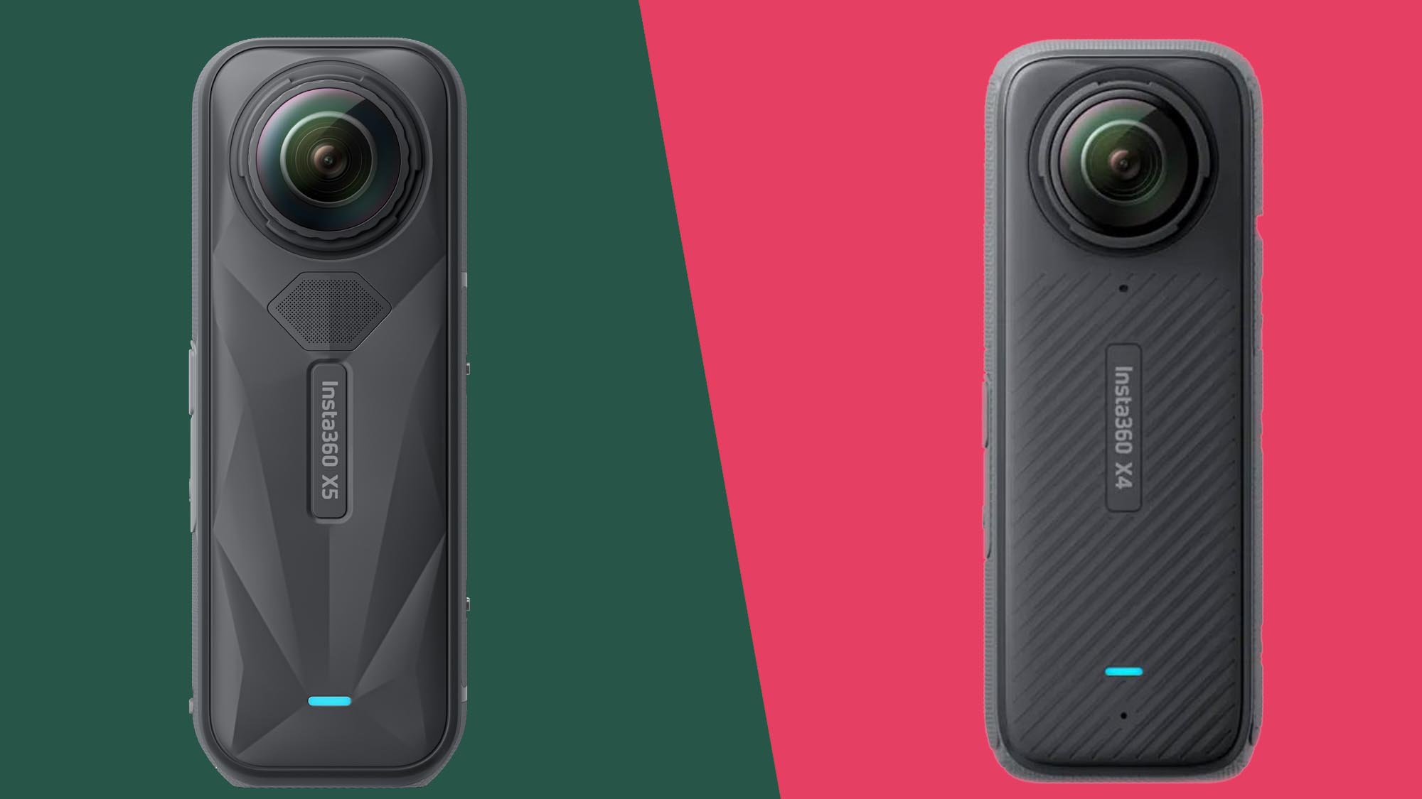 Insta360 x5 kromě Insta360 x4 na pozadí rozdělených barev