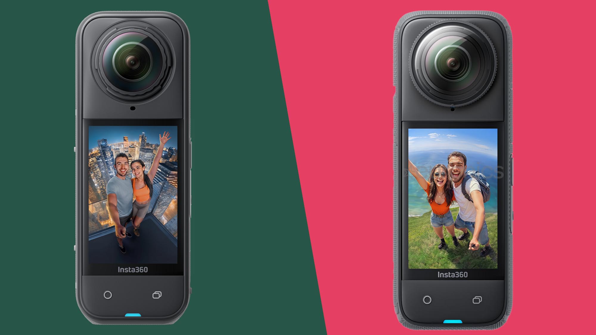 Insta360 x5 kromě Insta360 x4 na pozadí rozdělených barev