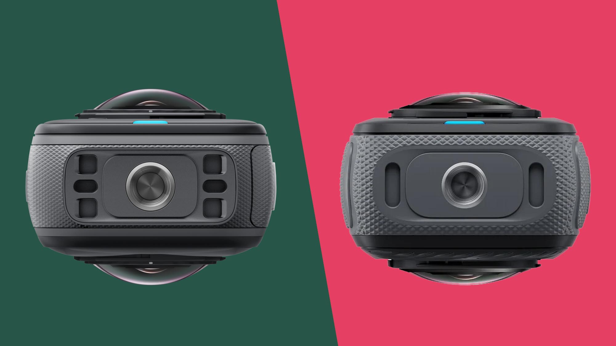 Insta360 x5 kromě Insta360 x4 na pozadí rozdělených barev
