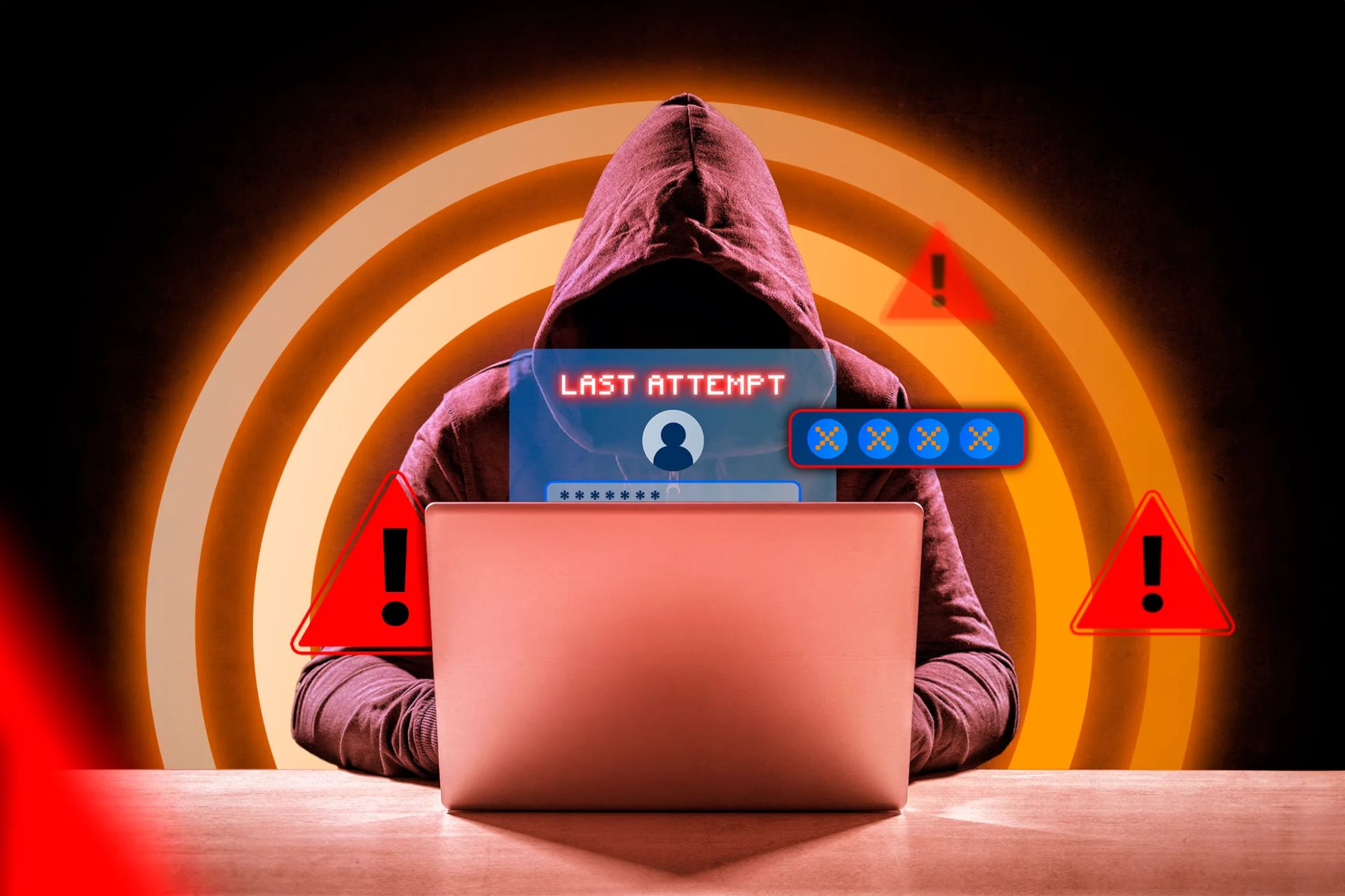 Hacker pro notebook s přihlašovacím oknem a některými varovnými signály nad ním.