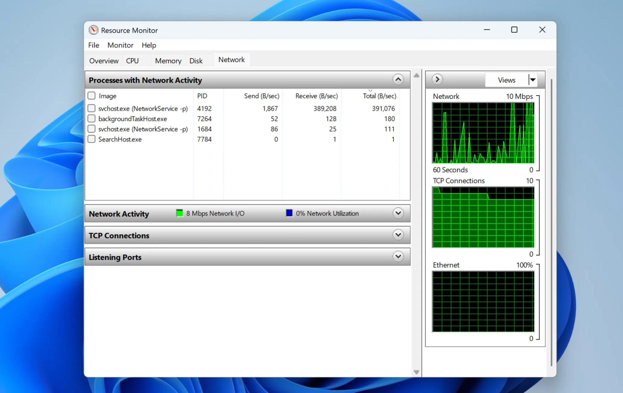 Monitor zdrojů Windows 11 ukazuje použití sítě