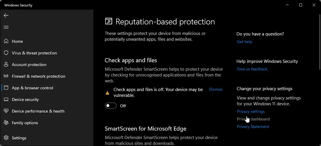 Přepínače zabezpečení Windows Filter Apps