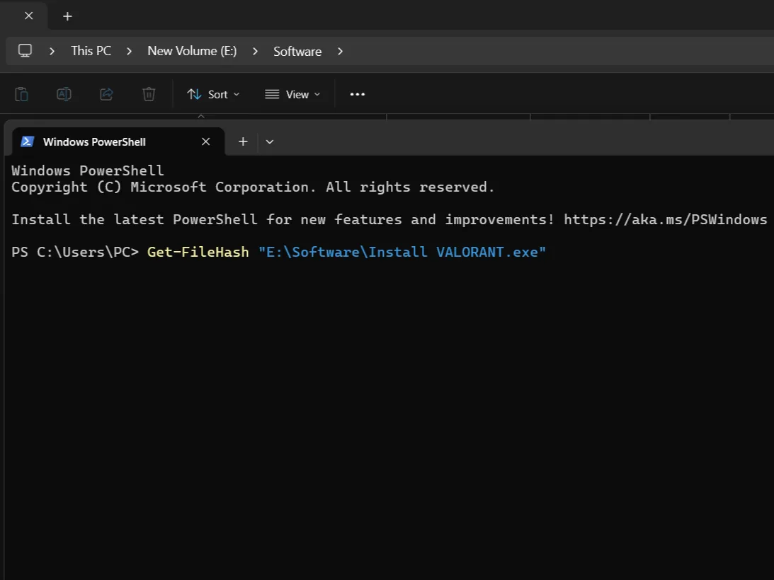 Příkaz v systému Windows PowerShell získat hash.