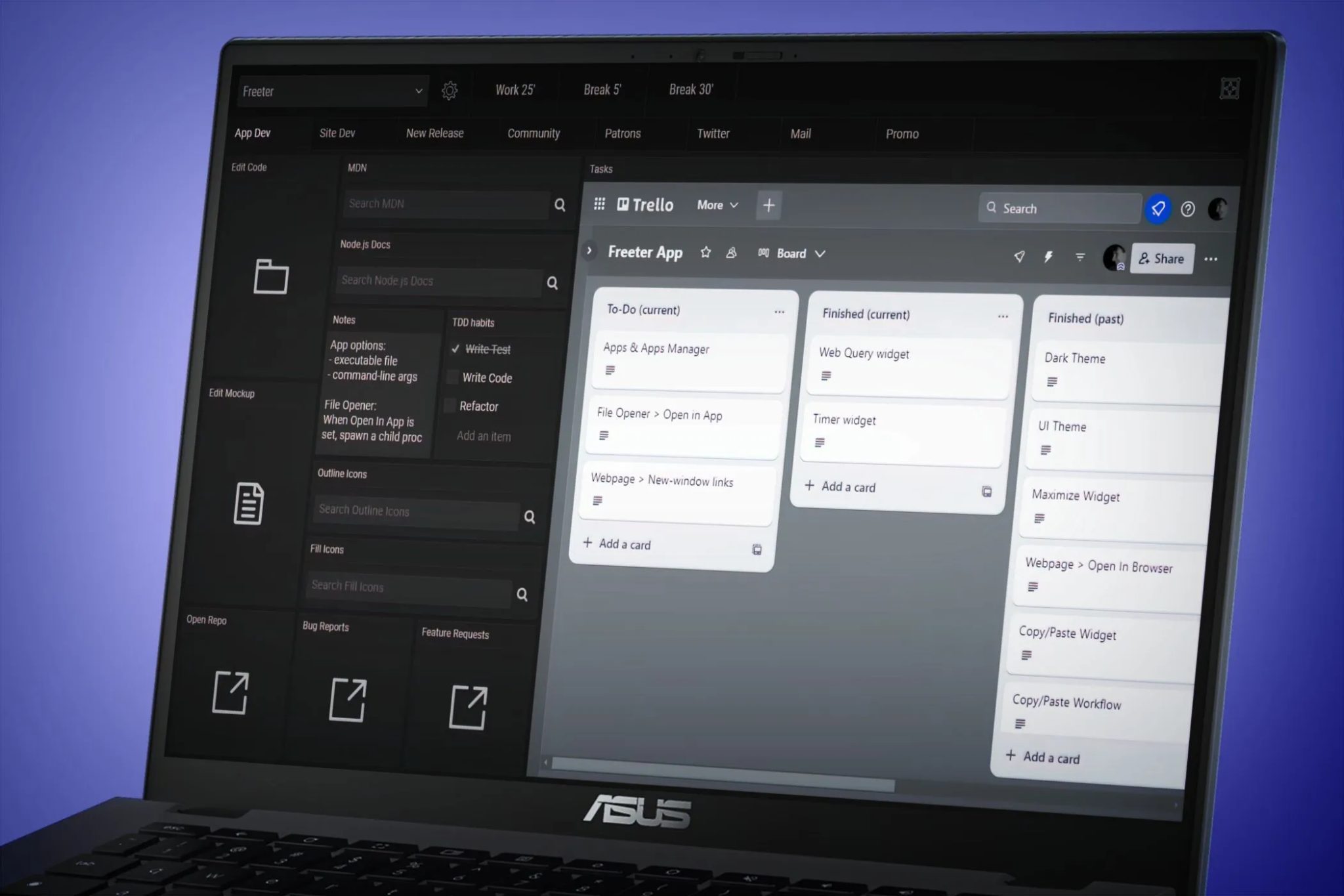 Obrazovka ASUS Computer ukazuje znaménko úkolu a produktivity zaměřené na organizaci projektů a pracovního postupu plánování.