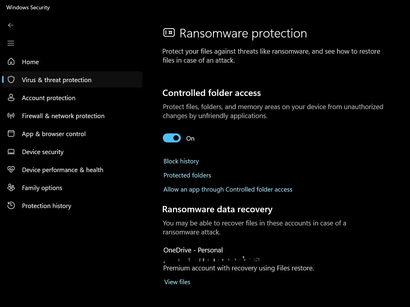 Ochrana systému Windows s kontrolovaným přístupem Mate při zapnutí pro ochranu ransomwaru.