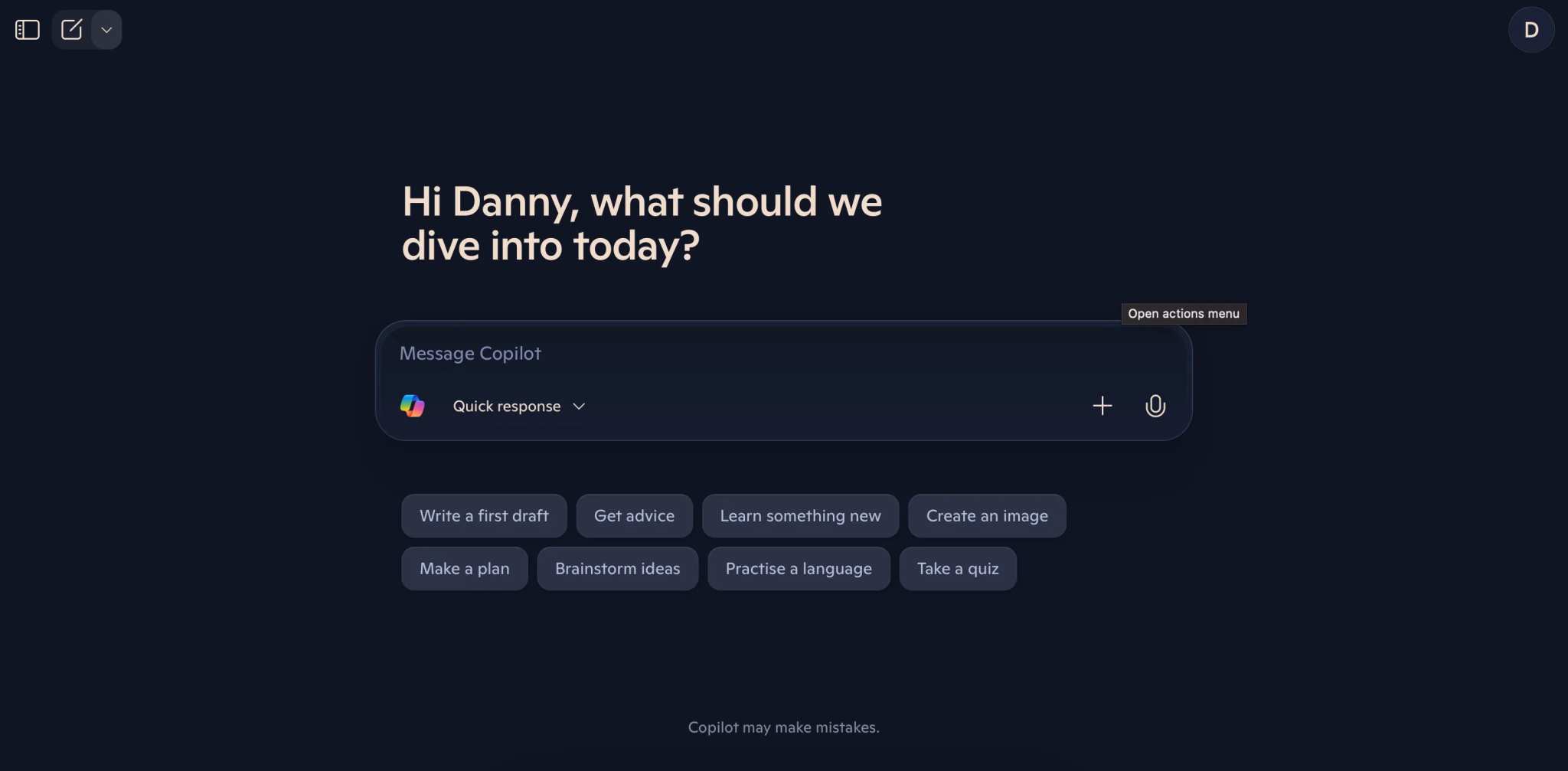 Seznam počátečních pokynů v Copilot -Web -App