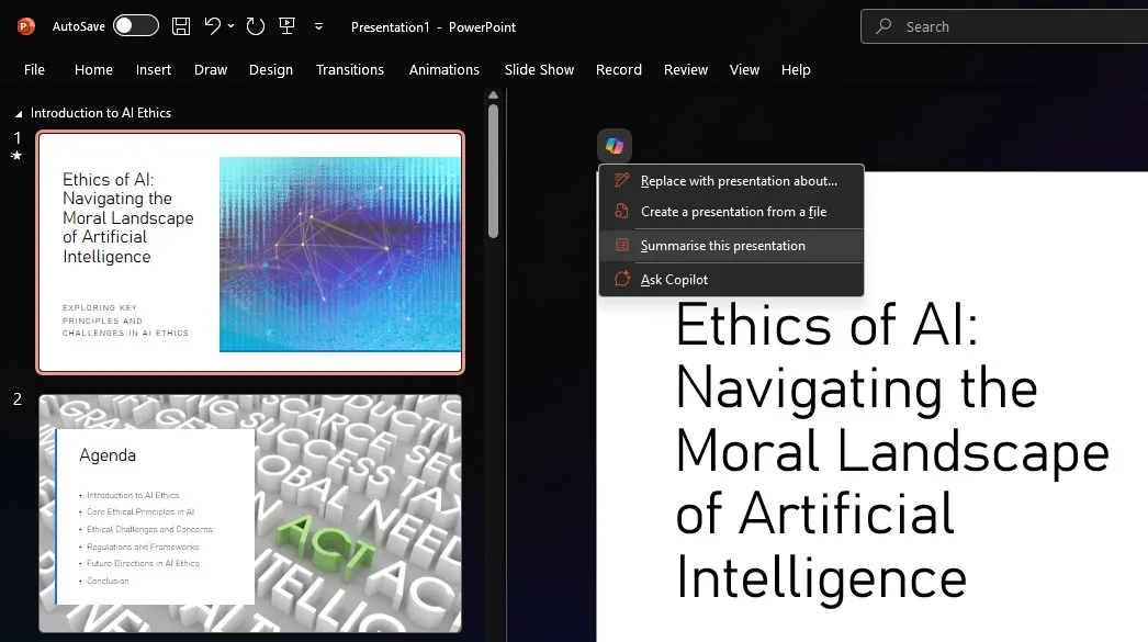 Shrnutí prezentace s Copilotem v PowerPoint