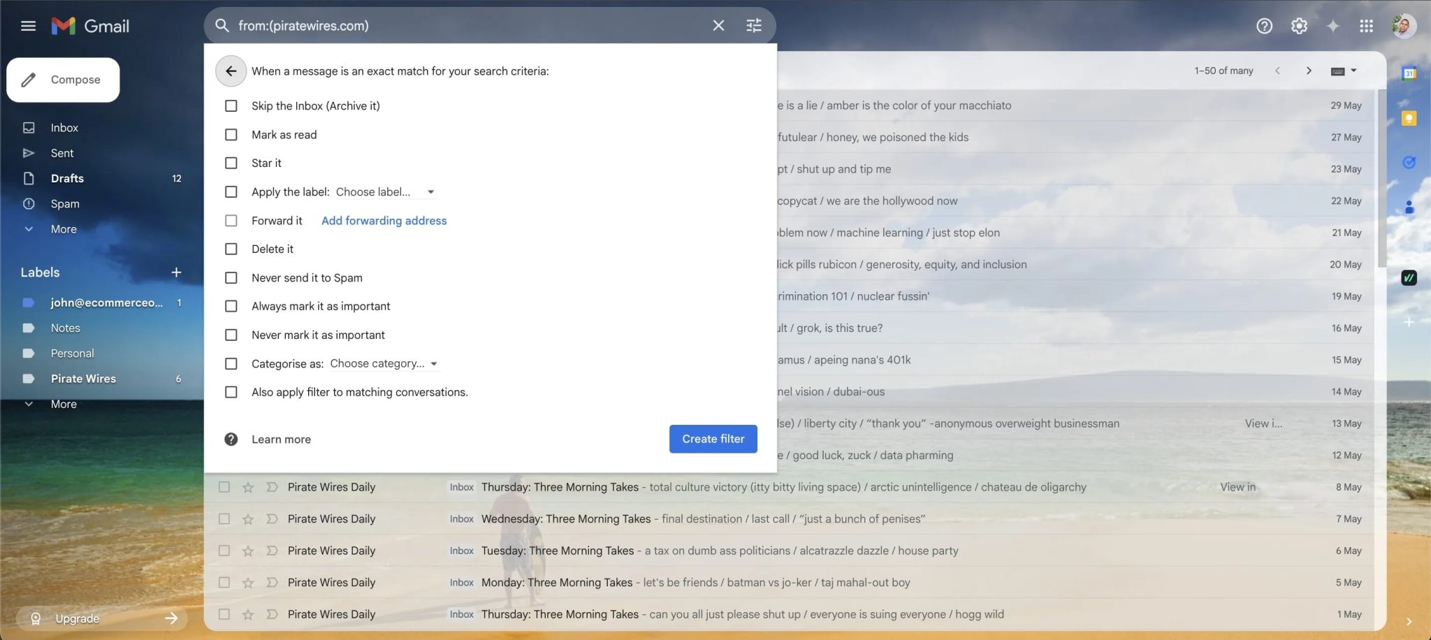 Obrázek s akcí filtru Gmail