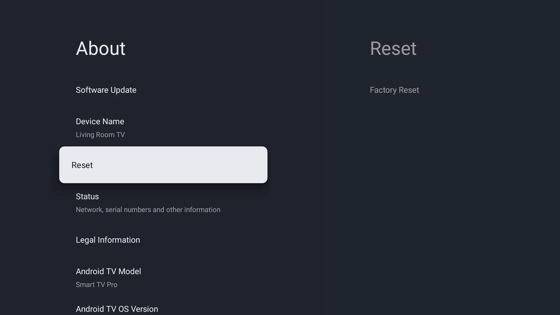 Resetování továrny -Option pro nastavení Android TV