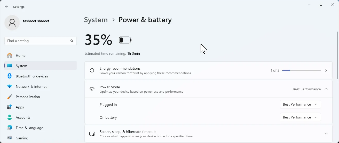 Windows 11 -průběh a baterie