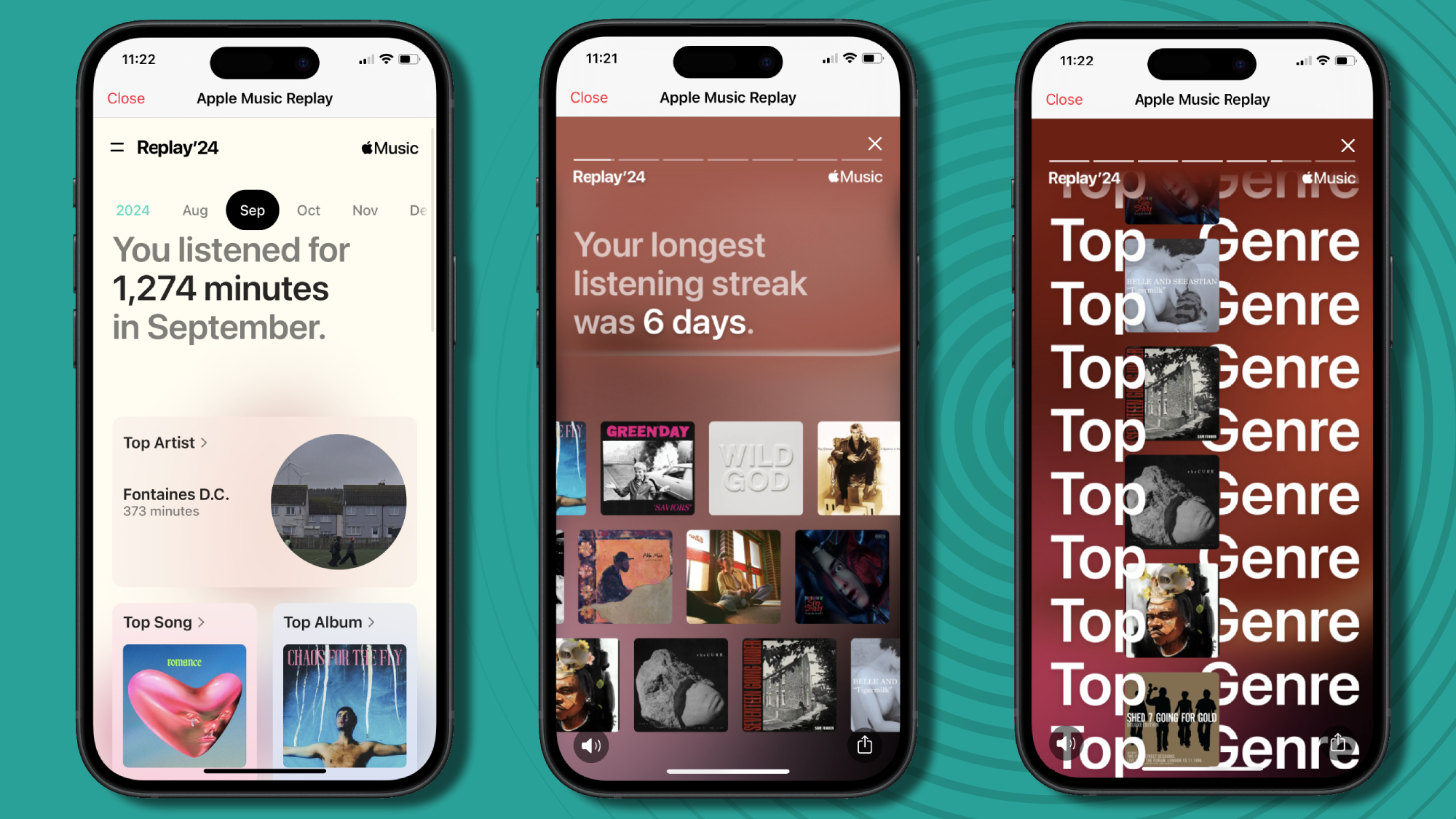 Tři obrazovky iPhone 15 se statistikami z Apple Music Replay, na zeleném pozadí