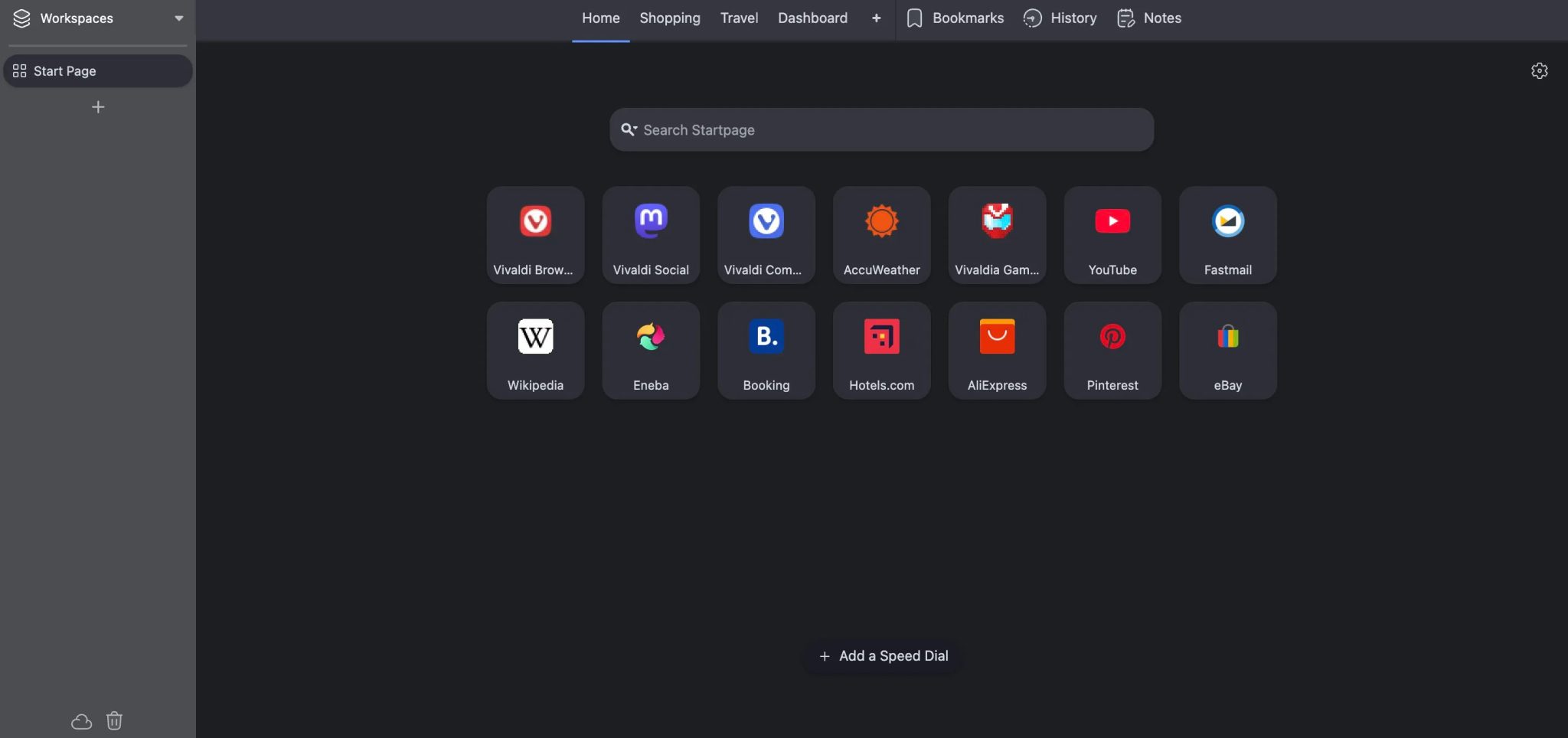 Domovská stránka Vivaldi -Browser