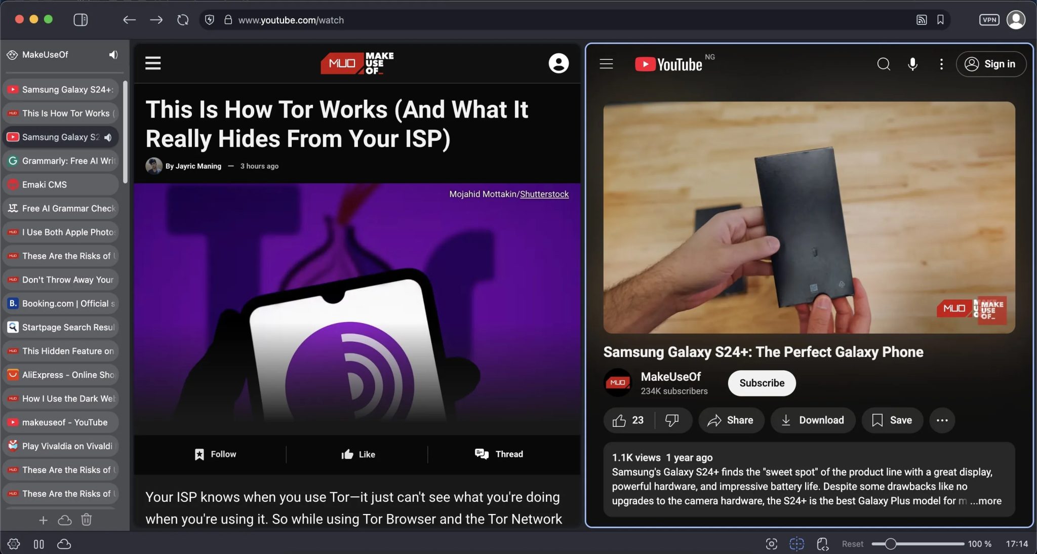 Screenshot Vivaldi -Browser ukazuje divizi prohlížeče
