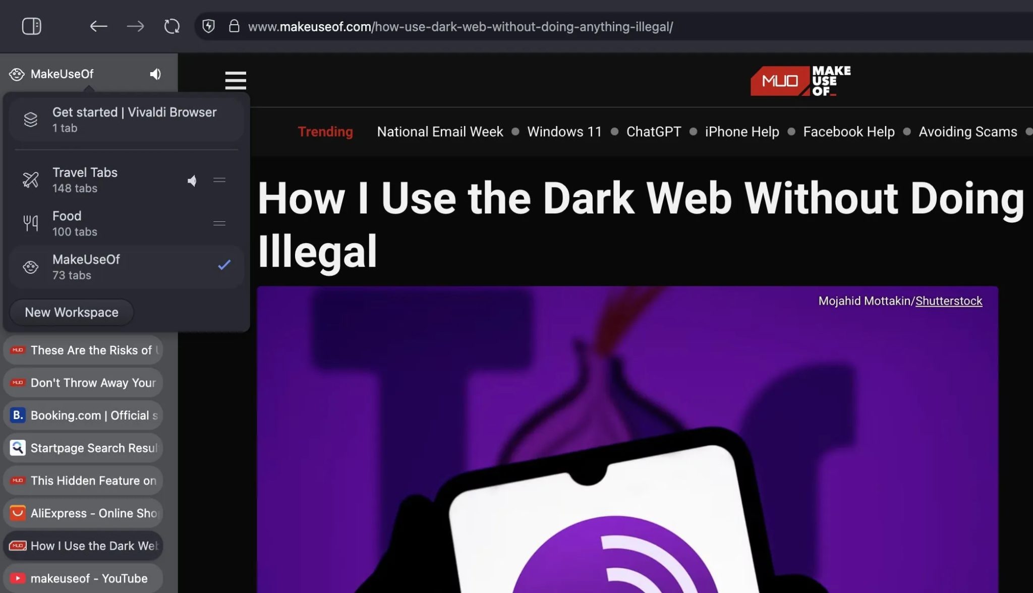 Vivaldi -Browser ukazuje pracovní prostory a karty