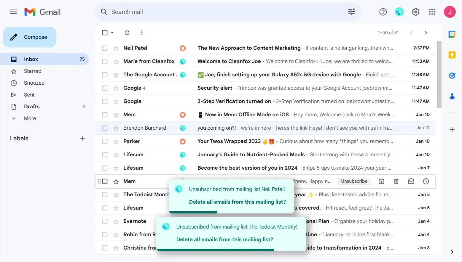 Trimbox Deregistering and Možnosti Možnosti v Gmail -In -Box