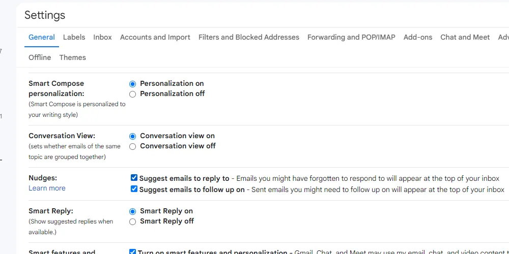 Gmail tlačí nastavení