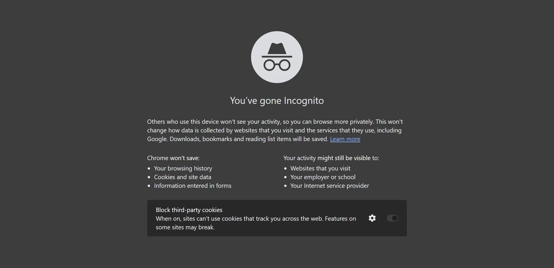 Obrazovka režimu Google Chrome Incognito
