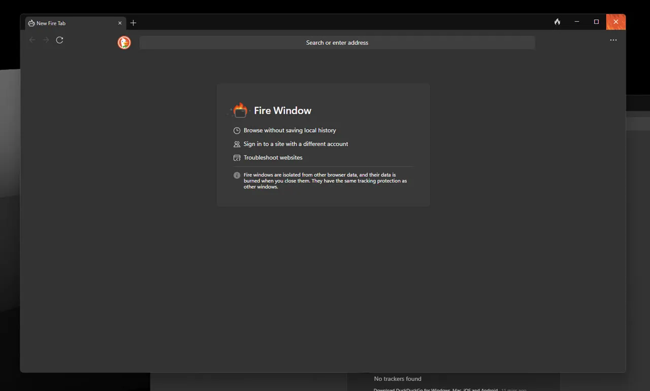 Okno požáru v Duckduckgo -Browser