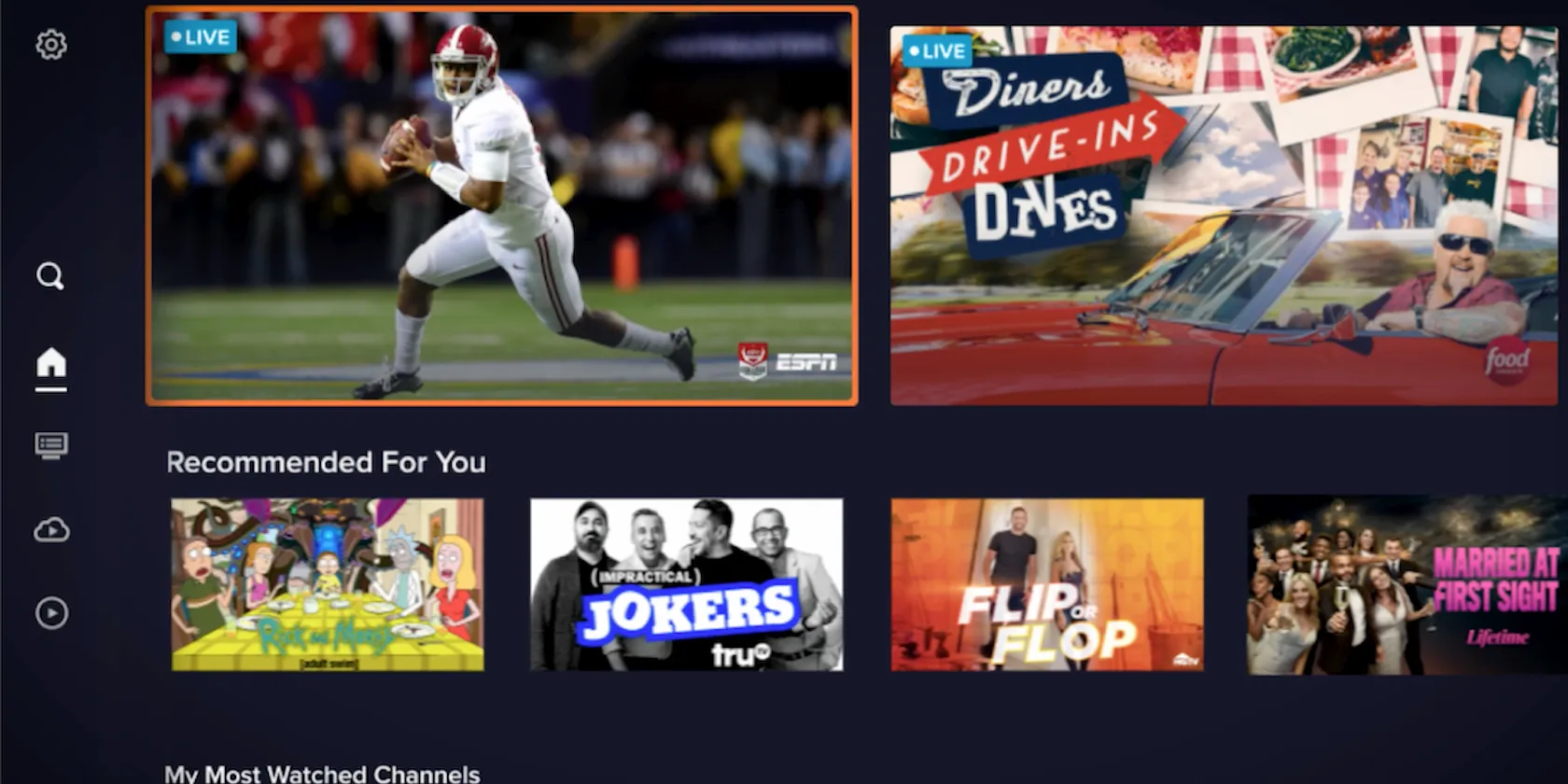 Sling TV Application ukazuje televizní programy a sportovní kanály