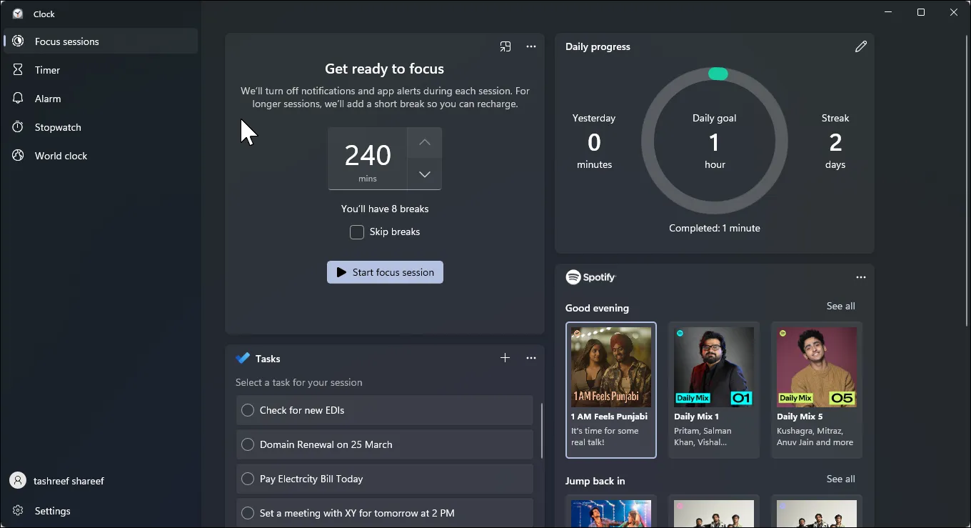 Domovská obrazovka zaostření Windows 11 Focus Relation