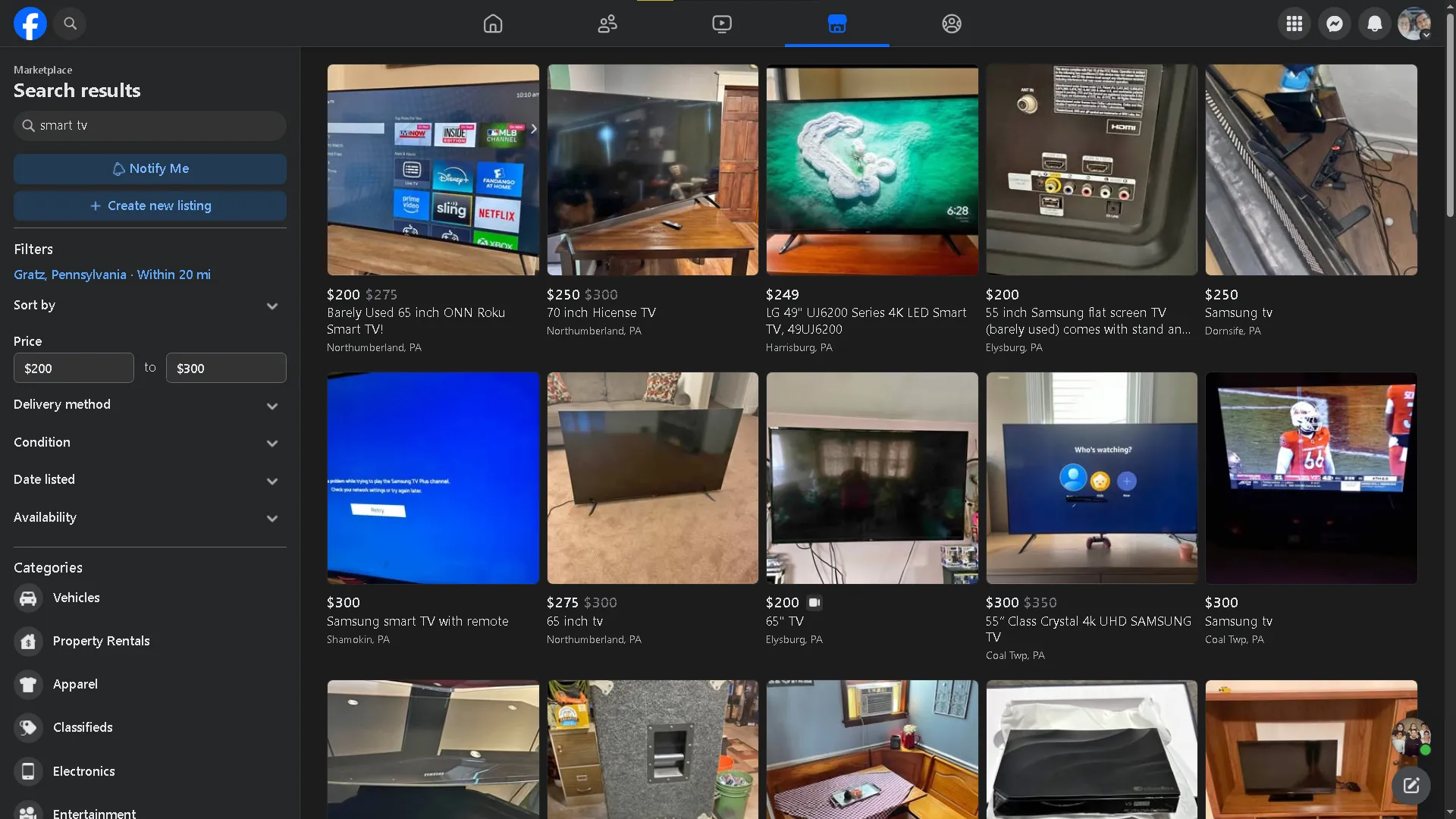 Použijte Facebook -MarketPlaats k hledání inteligentních -tvs na prodej