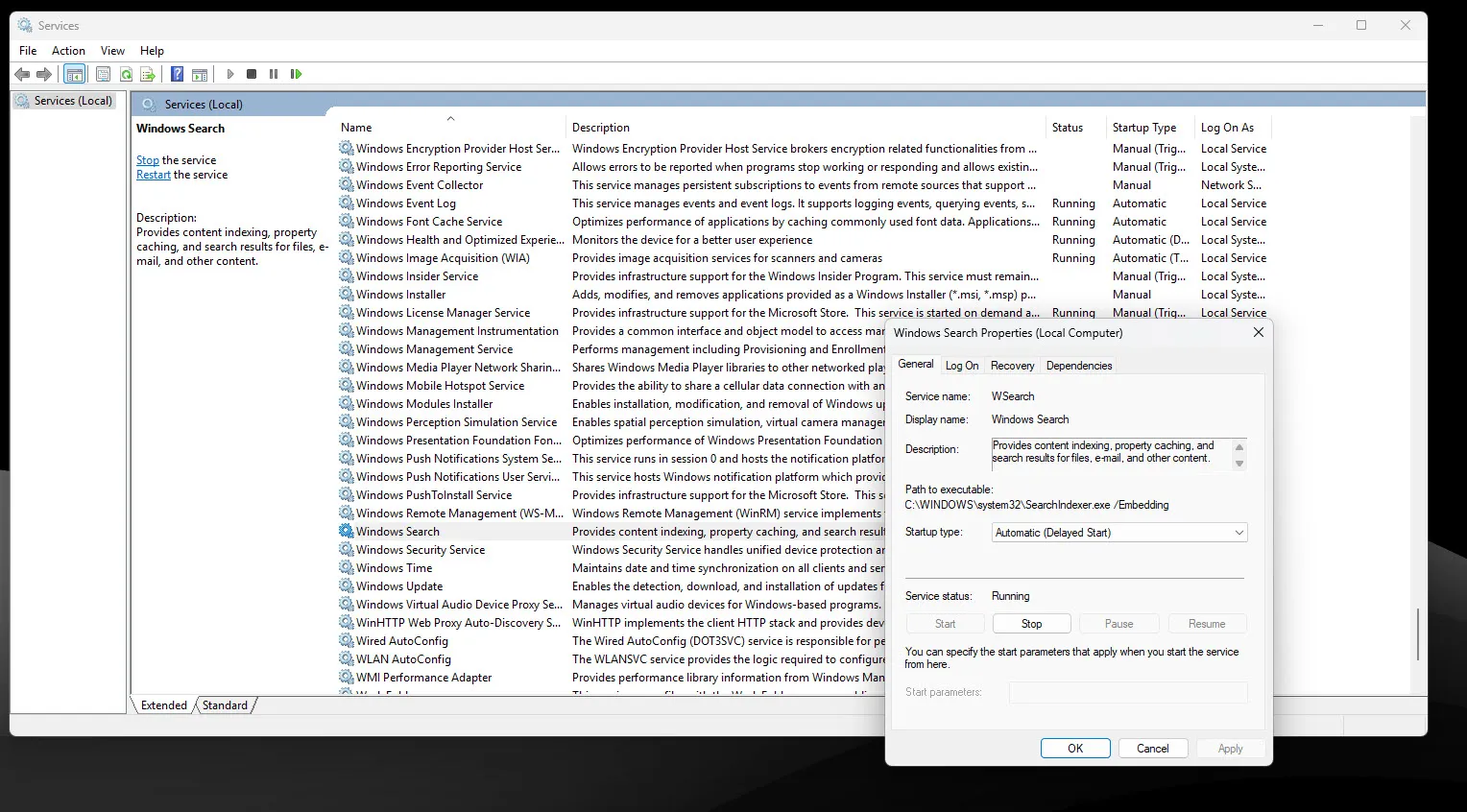 Správce služeb Windows s otevřenými funkcemi