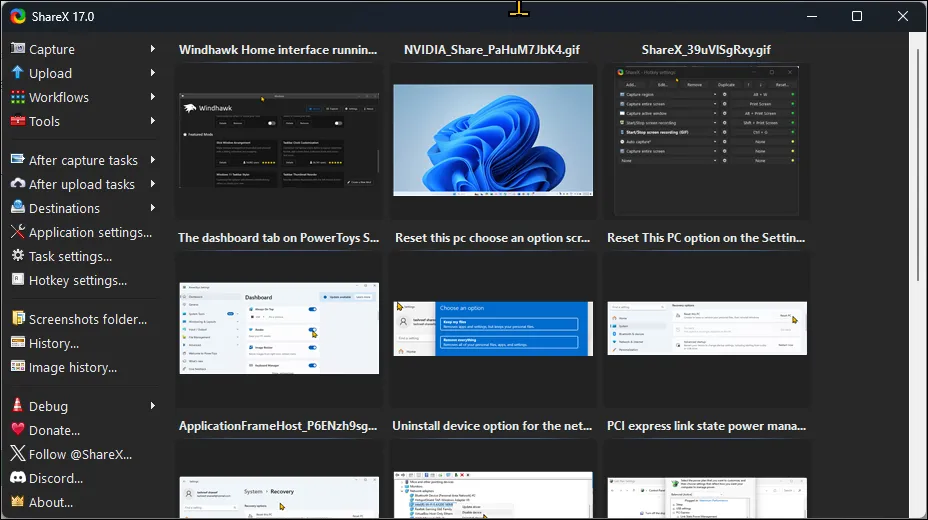 Uživatelské rozhraní ShareX na Windows 11